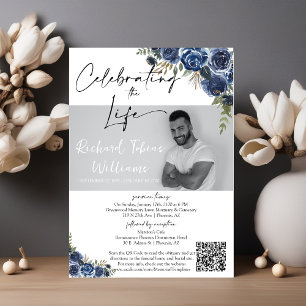 Dusty Blue Floral QR Code Memorial Foto Funeral Kaart