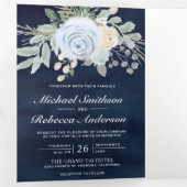 Dusty Blue Floral QR Code Navy Wedding Drieluik Uitnodiging (Binnenzijde eerst)