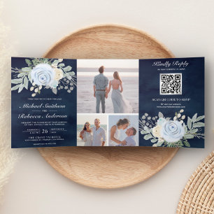 Dusty Blue Floral QR Code Navy Wedding Drieluik Uitnodiging
