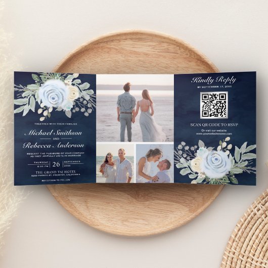 Dusty Blue Floral QR Code Navy Wedding Drieluik Uitnodiging