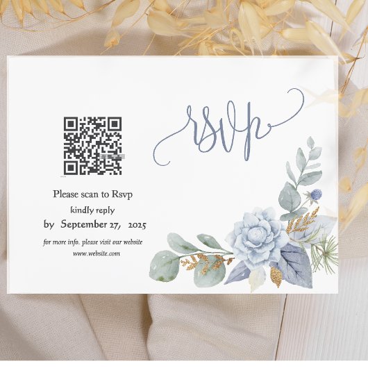 Dusty Blue Floral QR Code RSVP Card Kaartje