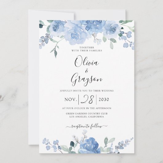 Dusty Blue Floral QR Code RSVP in één bruiloft Kaart (Voorkant)