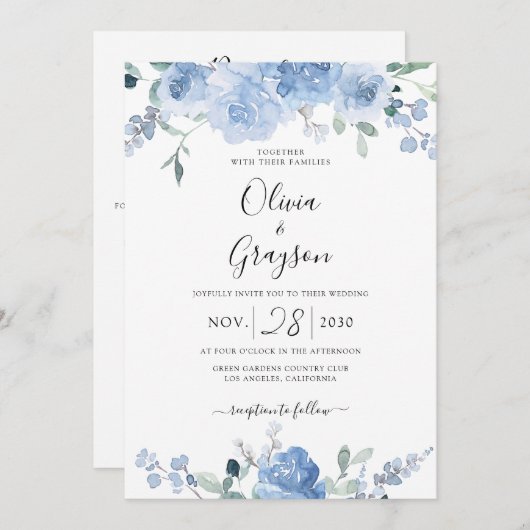 Dusty Blue Floral QR Code RSVP in één bruiloft Kaart (Voorkant / Achterkant)