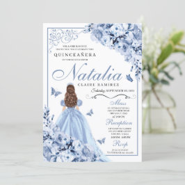 Dusty Blue Floral Quinceanera Birthday Uitnodiging