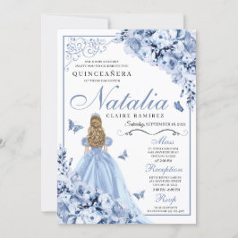 Dusty Blue Floral Quinceanera Birthday Uitnodiging