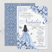Dusty Blue Floral Quinceanera Birthday Uitnodiging (Voorkant / Achterkant)