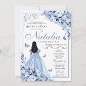 Dusty Blue Floral Quinceanera Birthday Uitnodiging (Voorkant)