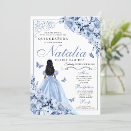 Dusty Blue Floral Quinceanera Birthday Uitnodiging