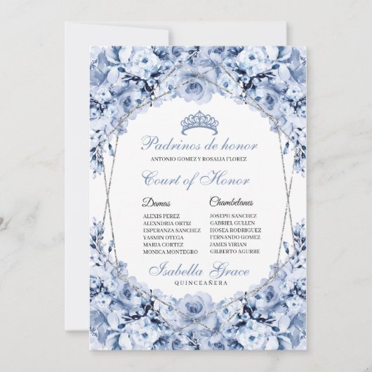 Dusty Blue Floral Quinceanera Court of Honor Kaart (Voorkant)