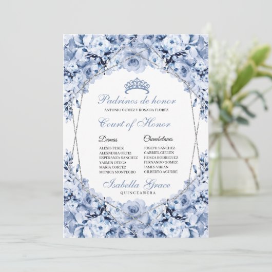 Dusty Blue Floral Quinceanera Court of Honor Kaart (Staand voorkant)