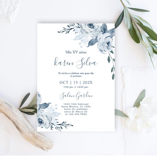 Dusty Blue Floral Quinceanera Kaart