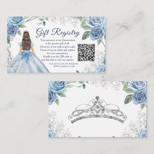 Dusty Blue Floral Quinceañera QR Gift Registry Informatiekaartje (Voorkant / Achterkant)