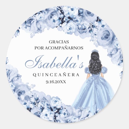 Dusty Blue Floral Quinceanera Round Stickers (Voorkant)