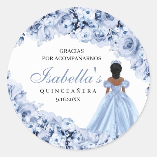 Dusty Blue Floral Quinceanera Round Stickers (Voorkant)
