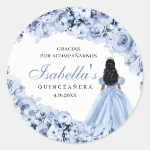 Dusty Blue Floral Quinceanera Round Stickers