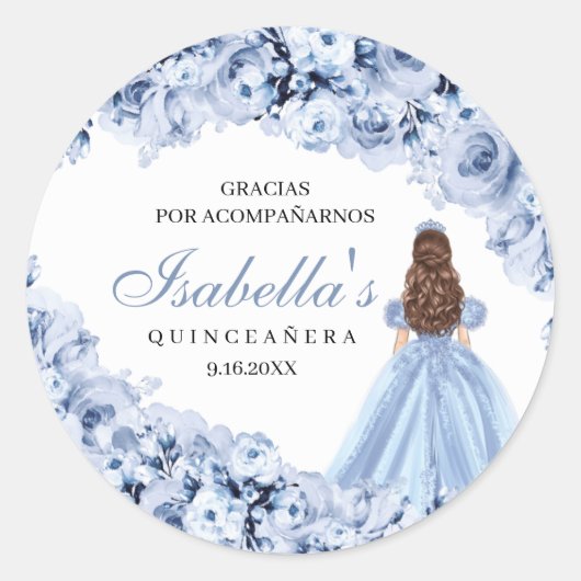 Dusty Blue Floral Quinceanera Round Stickers (Voorkant)