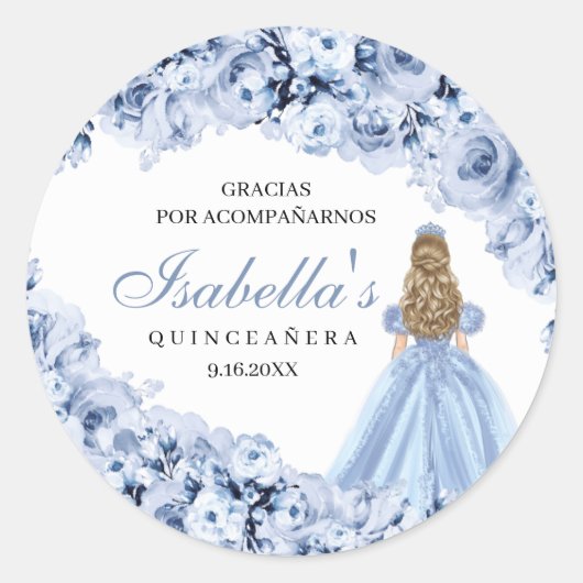 Dusty Blue Floral Quinceanera Round Stickers (Voorkant)
