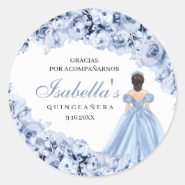 Dusty Blue Floral Quinceanera Round Stickers