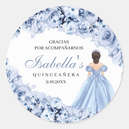 Dusty Blue Floral Quinceanera Round Stickers (Voorkant)