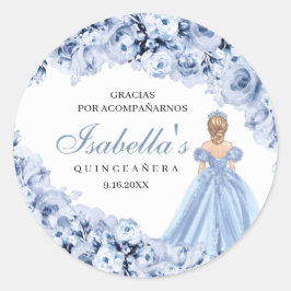 Dusty Blue Floral Quinceanera Round Stickers