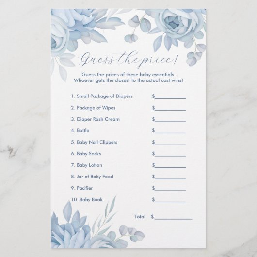 Dusty Blue Floral Raad de prijs Baby shower spel Flyer (Voorkant)