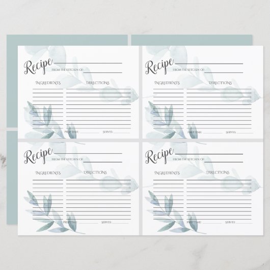 Dusty Blue Floral Recept Kaarten (Voorkant / Achterkant)