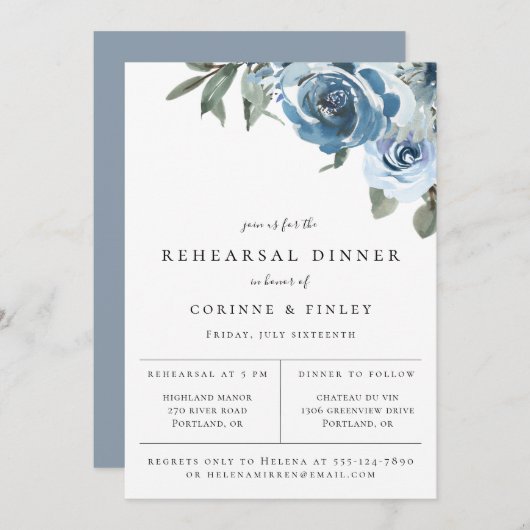 Dusty Blue Floral Rehearsal Dinner Aankondiging (Voorkant / Achterkant)
