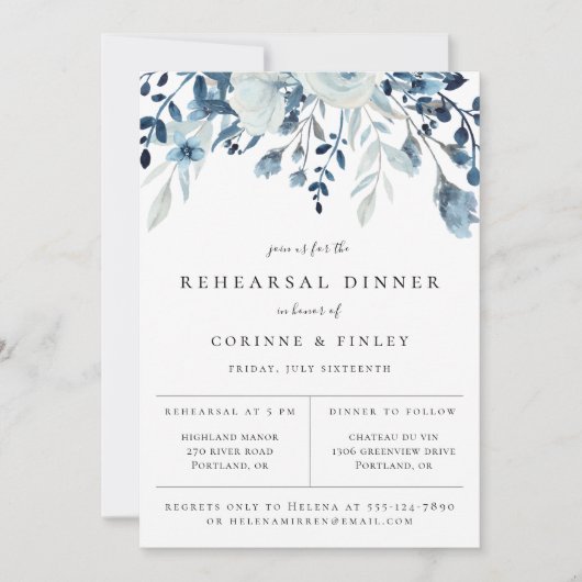 Dusty Blue Floral Rehearsal Dinner Invitation Aankondiging (Voorkant)