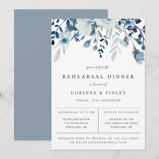 Dusty Blue Floral Rehearsal Dinner Invitation Aankondiging (Voorkant / Achterkant)