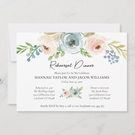 Dusty Blue Floral Rehearsal Dinner Invitation Kaart (Voorkant)