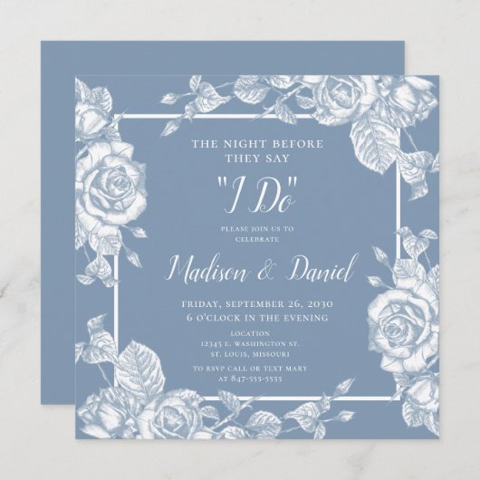 Dusty Blue Floral Rehearsal Dinner Kaart (Voorkant / Achterkant)