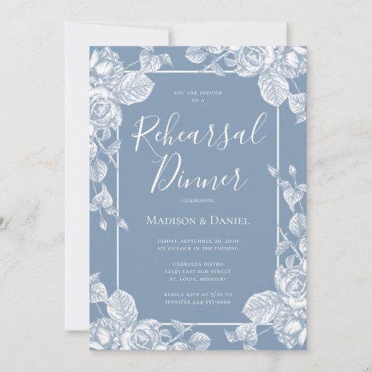 Dusty Blue Floral Rehearsal Dinner Kaart (Voorkant)