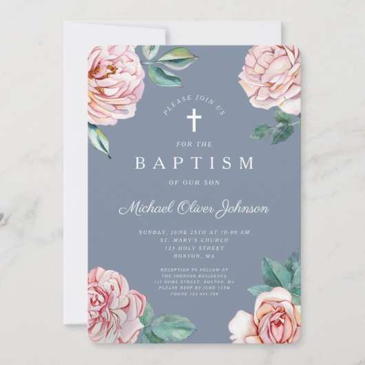 Dusty Blue Floral Religious Cross Boy Doop Kaart (Voorkant)