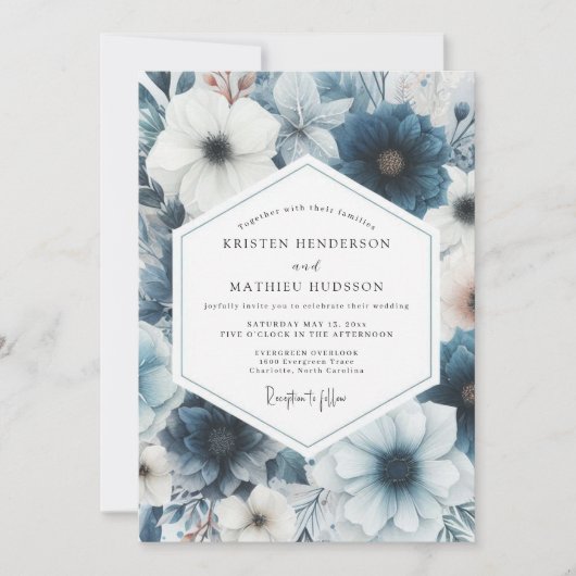 Dusty Blue Floral Romance Wedding Kaart (Voorkant)