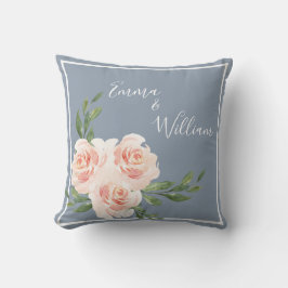 Dusty Blue Floral Romantic Names Script Weddenscha Kussen