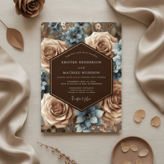 Dusty Blue Floral Romantic Wedding Kaart