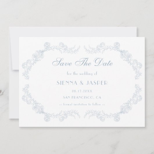 Dusty Blue Floral Romantische bruiloft Save The Date (Voorkant)