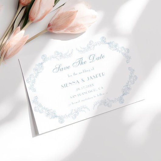 Dusty Blue  Floral Romantische bruiloft Save The Date