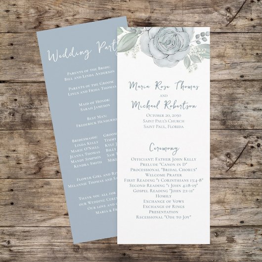 Dusty Blue Floral Roos Elegant Ceremony Programme Programmakaart