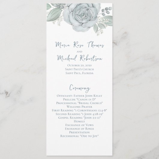 Dusty Blue Floral Roos Elegant Ceremony Programme Programmakaart (Voorkant)