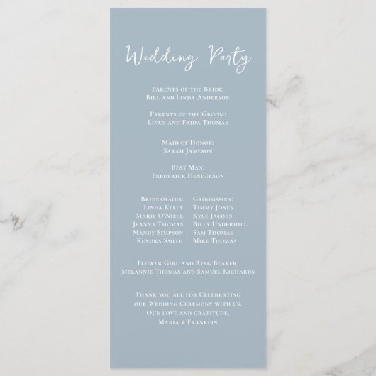Dusty Blue Floral Roos Elegant Ceremony Programme Programmakaart (Achterkant)