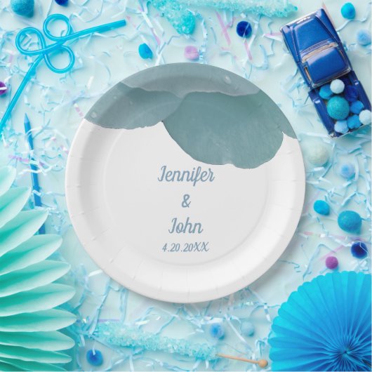 Dusty Blue Floral Roos Elegant Trendy Wedding Papieren Bordje (Feest)