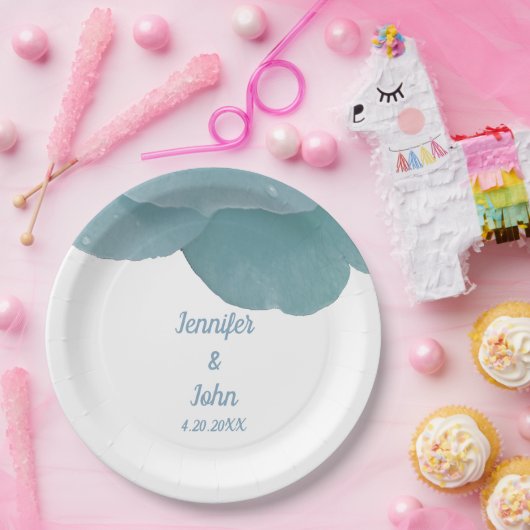 Dusty Blue Floral Roos Elegant Trendy Wedding Papieren Bordje (Feest)