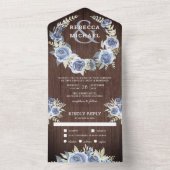 Dusty Blue Floral Roos Garland Rustic Wood Wedding All In One Uitnodiging (Binnen)