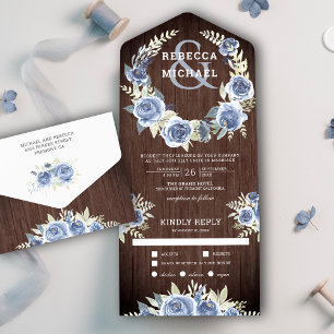 Dusty Blue Floral Roos Garland Rustic Wood Wedding All In One Uitnodiging