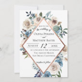 Dusty Blue Floral Roos Gold Wedding Invitation Kaart (Voorkant)