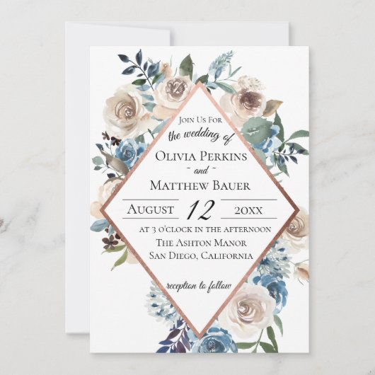 Dusty Blue Floral Roos Gold Wedding Invitation Kaart (Voorkant)
