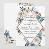 Dusty Blue Floral Roos Gold Wedding Invitation Kaart (Voorkant / Achterkant)