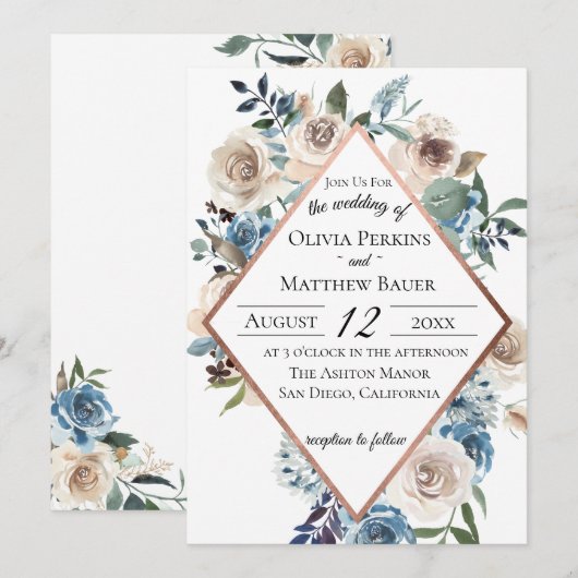 Dusty Blue Floral Roos Gold Wedding Invitation Kaart (Voorkant / Achterkant)