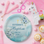 Dusty Blue Floral Rose Papieren Bordje (Feest)